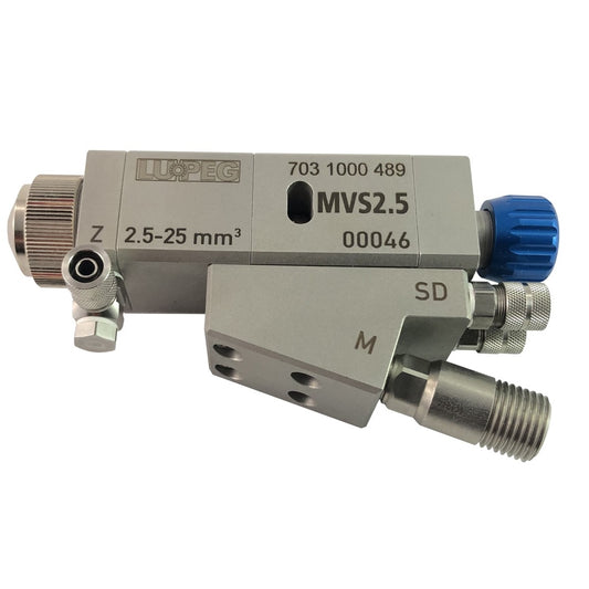 Volumendosierventil mit Sprühfunktion zum sprühen voreingestellter Mengen an Klebstoffen, Schnierstoffen oder weiterer Medien -Seitenansicht