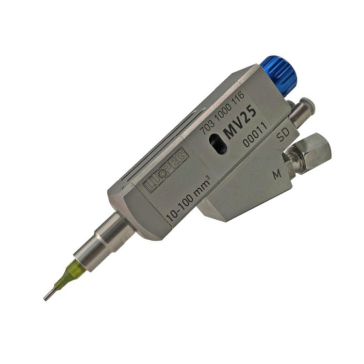 Einstellbares volumetrisches Dosierventil MV25 aus Edelstahl für Öle, Fette und andere Medien in der Ausführung mit Luer Lock Anschluss für einen Dosierbereich von 2,5 mm³ bis 100 mm³. 